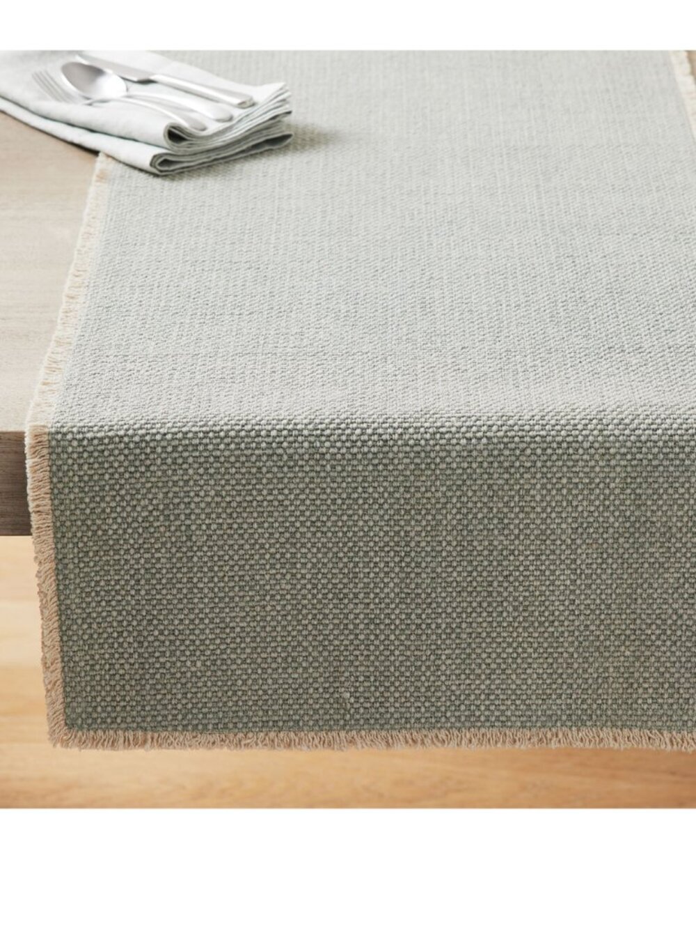 POTTERY BARN Mason Handwoven Green Cotton Fringe Table Runner NWT